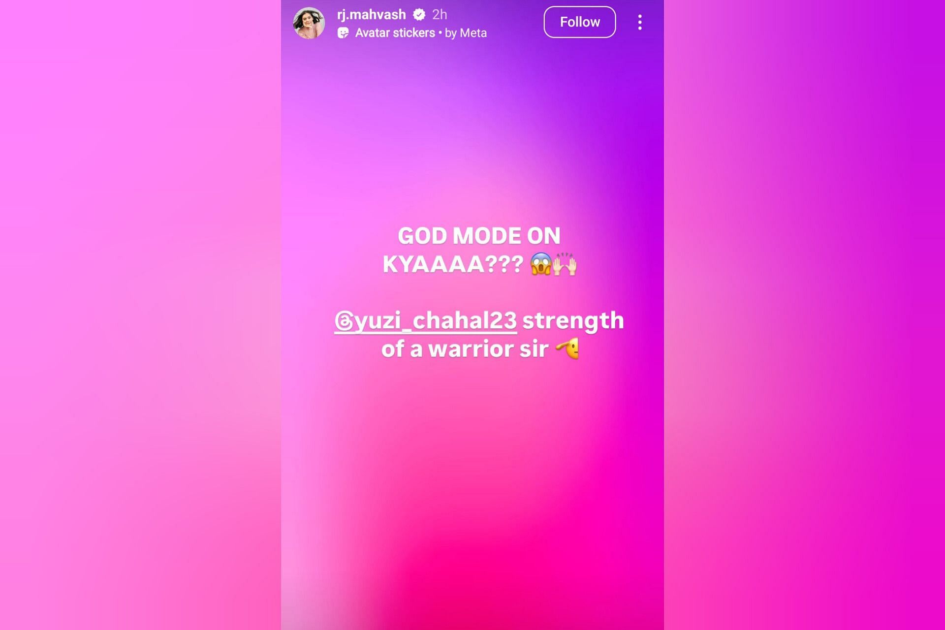 RJ Mahvash reacts to Yuzvendra Chahal's hat-trick (Image via Instagram-@rj.mahvash)